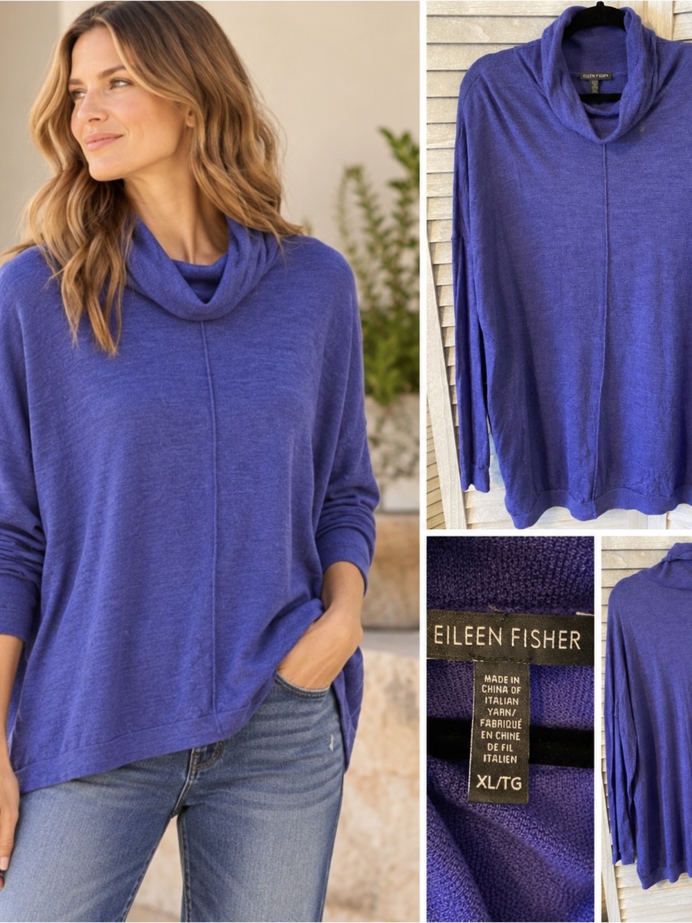 Eileen Fisher 100% Merino Wool Cowl Neck Sweater XL Purple Blue